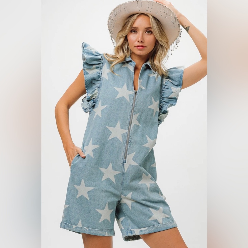 BiBi Star Half Zip Denim Romper
